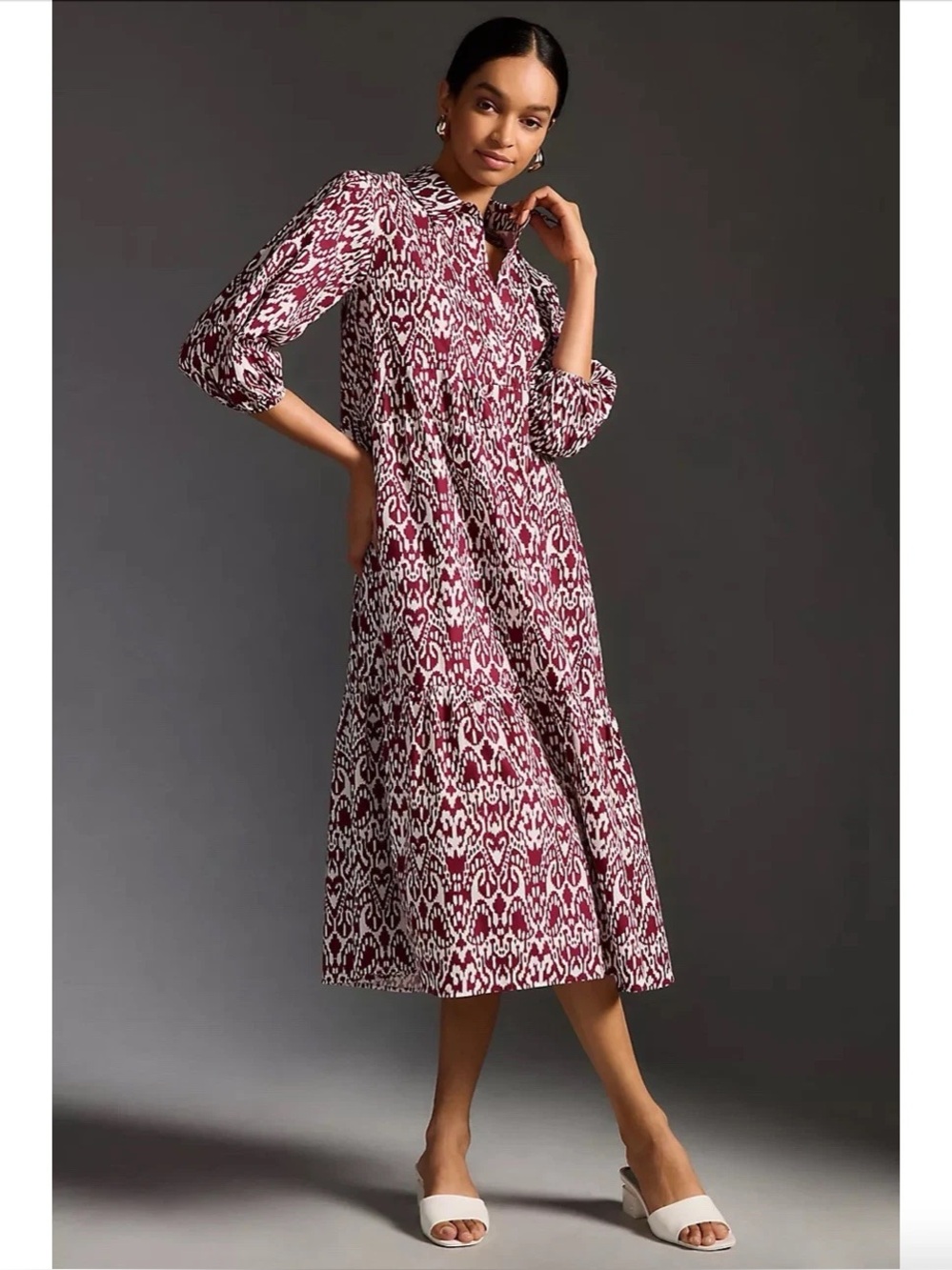 Maeve • Anthropologie Bettina Tiered Shirt Dress maxi midi cotton Wine Ikat - Picture 3 of 14